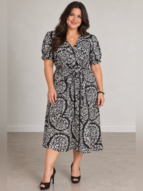 croft & barrow Dresses & Skirts - Croft & Barrow Dress Size PXL Black & White Button Down Tie Belt Floral Career